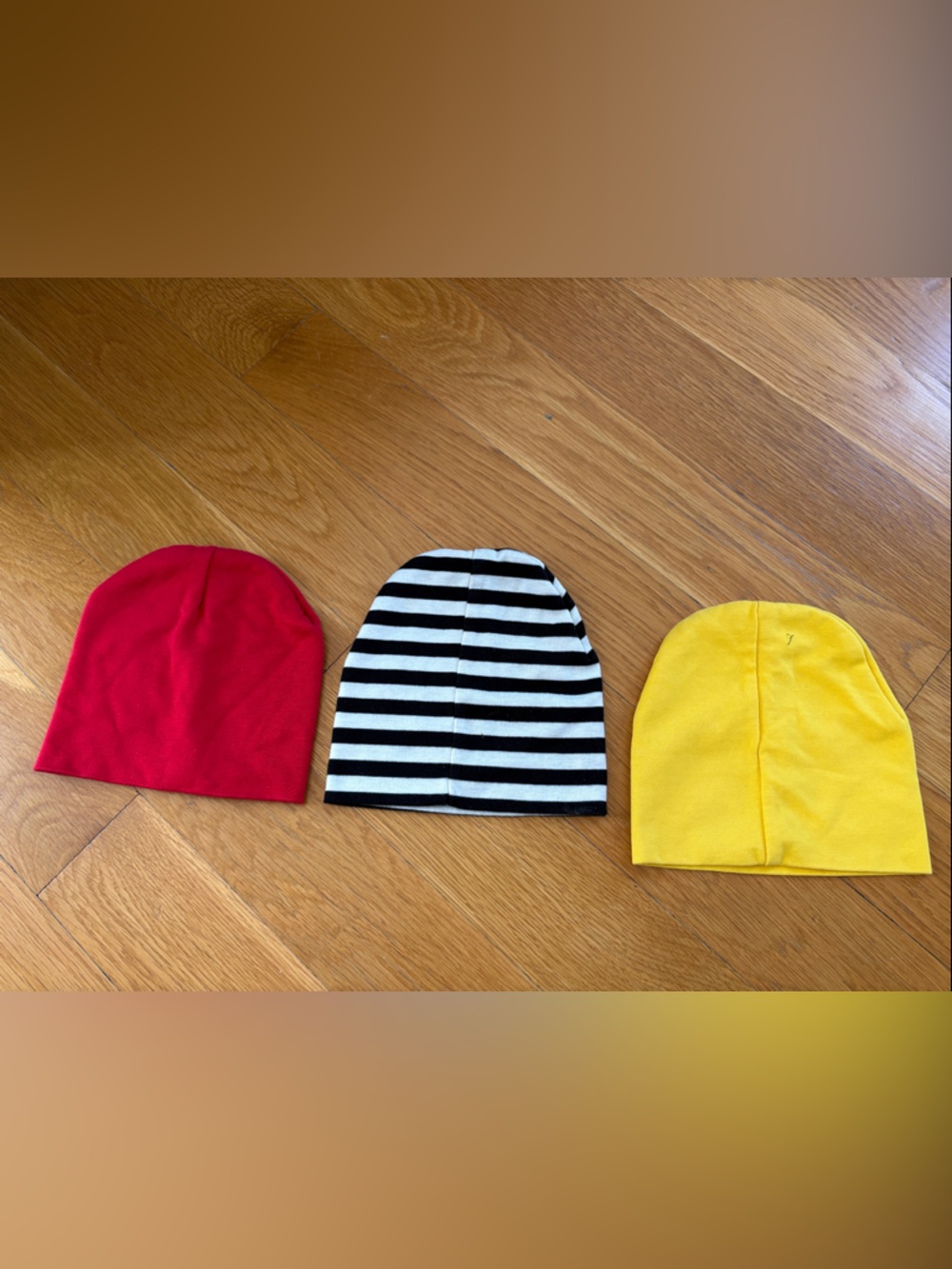 Set of 3 Cotton Beanies for toddlers  - Red, Black & White Stripe, Yellow